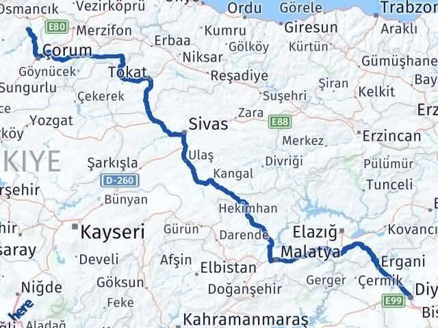 Çorum Dodurga Diyarbakır Arası Kaç Km - Yol Haritası
