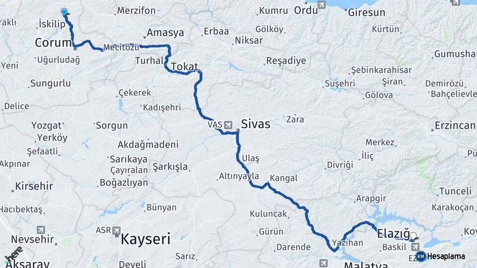 Çorum Dodurga Elazığ Arası Kaç Km - Yol Haritası