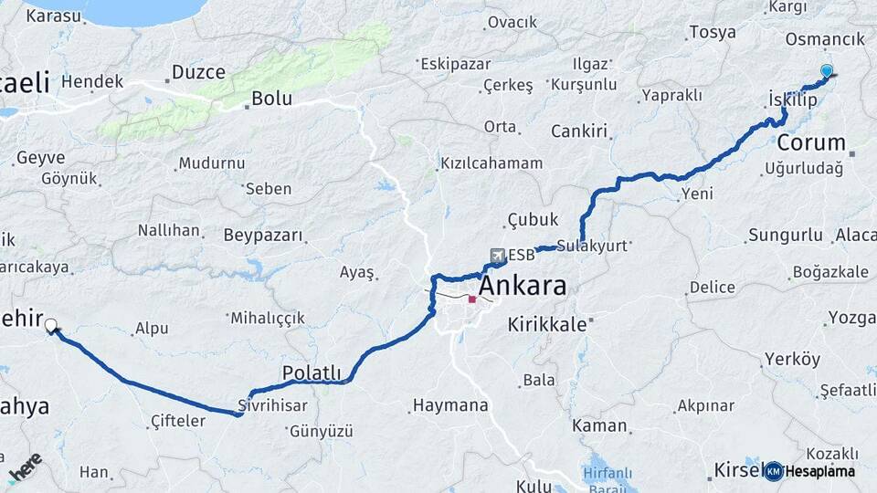 Çorum Dodurga Eskişehir Arası Kaç Km - Yol Haritası