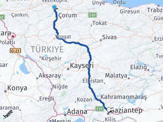 Çorum Dodurga Gaziantep Arası Kaç Km - Yol Haritası