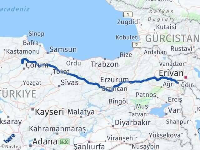Çorum Dodurga Iğdır Arası Kaç Km - Yol Haritası