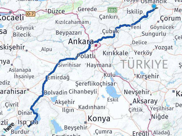 Çorum Dodurga Isparta Arası Kaç Km - Yol Haritası