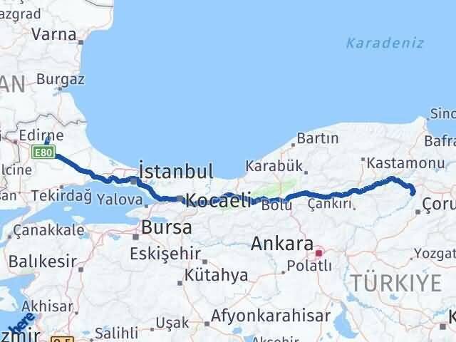 Çorum Dodurga Kırklareli Arası Kaç Km - Yol Haritası