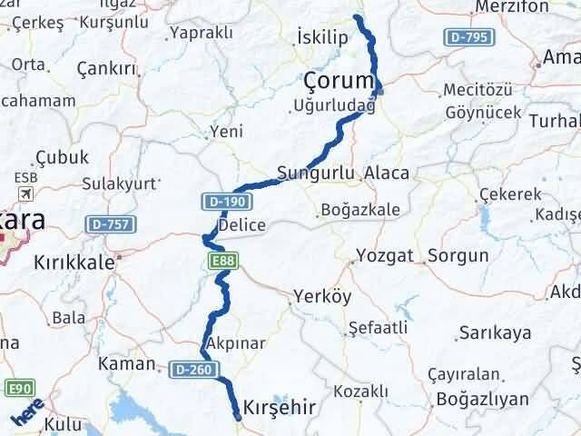Çorum Dodurga Kırşehir Arası Kaç Km - Yol Haritası