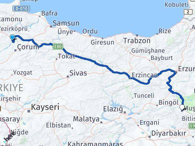 Çorum Dodurga Muş Arası Kaç Km - Yol Haritası