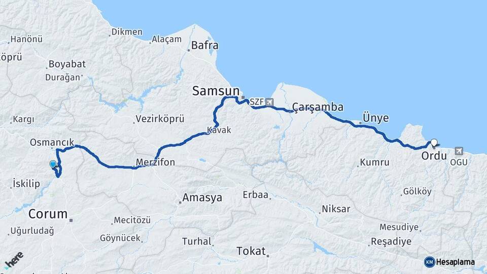 Çorum Dodurga Ordu Arası Kaç Km - Yol Haritası