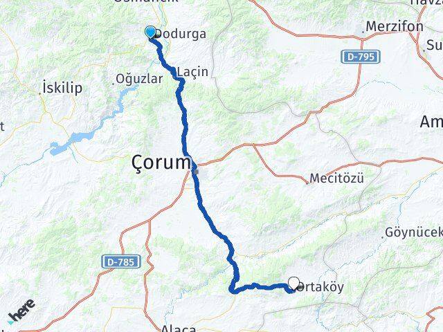 Çorum Dodurga Ortaköy Arası Kaç Km - Yol Haritası