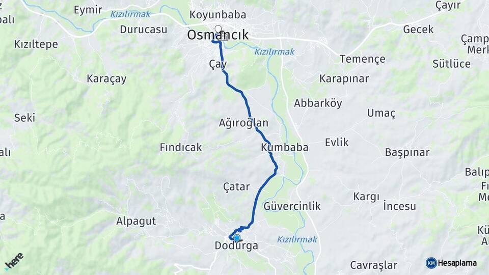 Çorum Dodurga Osmancık Arası Kaç Km - Yol Haritası
