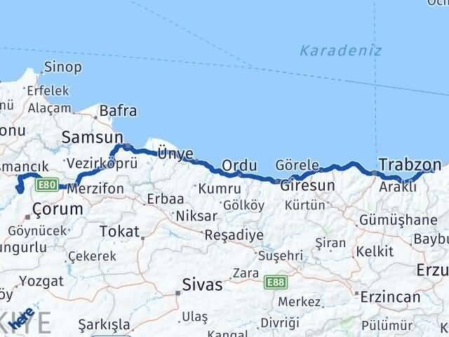 Çorum Dodurga Rize Arası Kaç Km - Yol Haritası