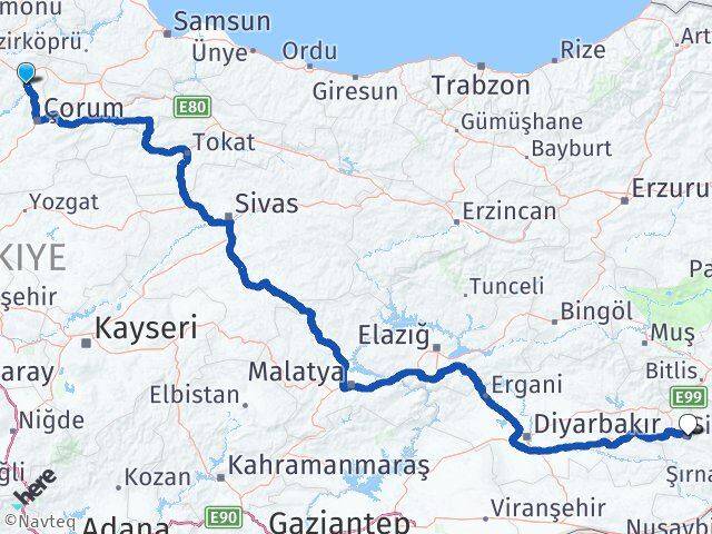 Çorum Dodurga Siirt Arası Kaç Km - Yol Haritası