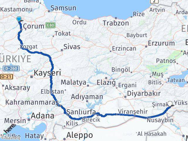 Çorum Dodurga Şırnak Arası Kaç Km - Yol Haritası