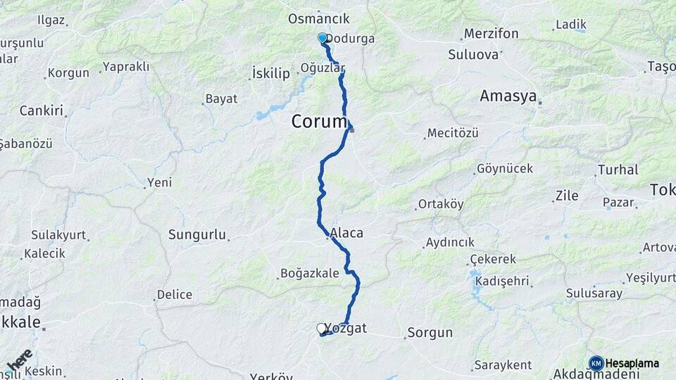 Çorum Dodurga Yozgat Arası Kaç Km - Yol Haritası
