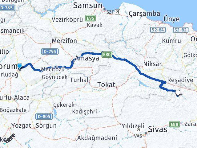Çorum Doğanşar Sivas Arası Kaç Km - Yol Haritası