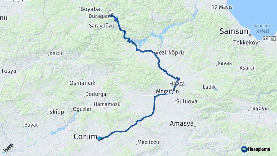 Çorum Durağan Sinop Arası Kaç Km - Yol Haritası