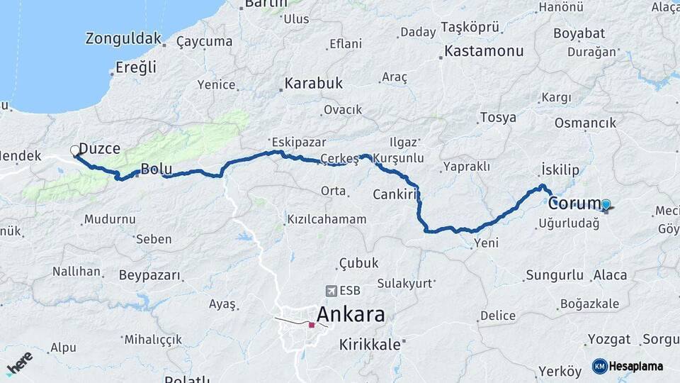 Çorum Düzce Arası Kaç Km - Yol Haritası