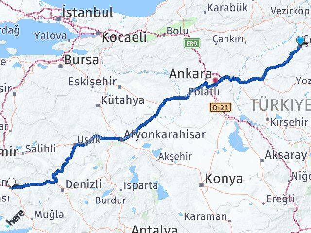 Çorum Efeler Aydın Arası Kaç Km - Yol Haritası