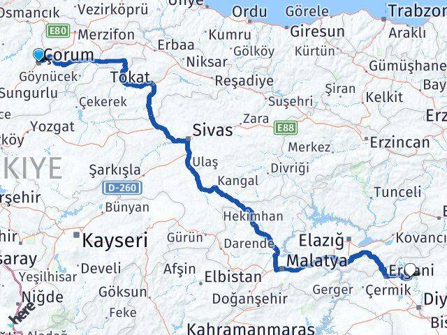 Çorum Eğil Diyarbakır Arası Kaç Km - Yol Haritası