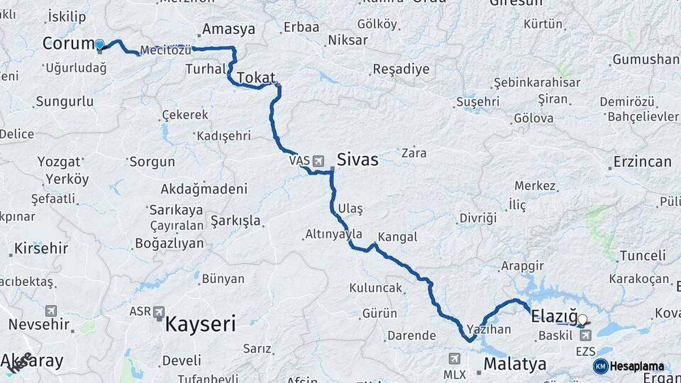 Çorum Elazığ Arası Kaç Km - Yol Haritası