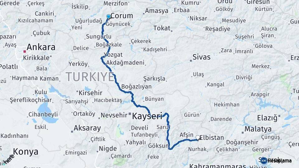 Çorum Elbistan Kahramanmaraş Arası Kaç Km - Yol Haritası