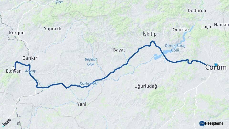 Çorum Eldivan Çankırı Arası Kaç Km - Yol Haritası