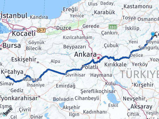Çorum Emet Kütahya Arası Kaç Km - Yol Haritası