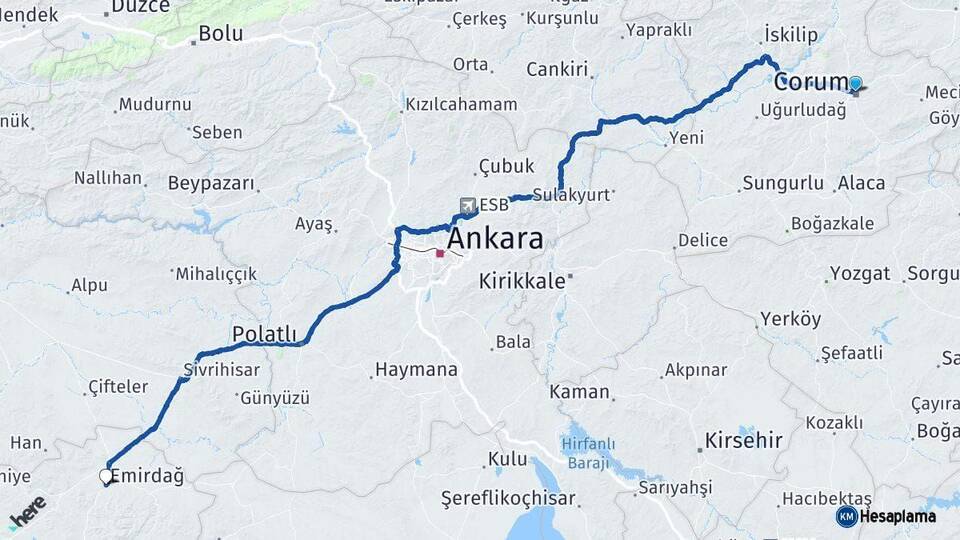 Çorum Emirdağ Afyonkarahisar Arası Kaç Km - Yol Haritası
