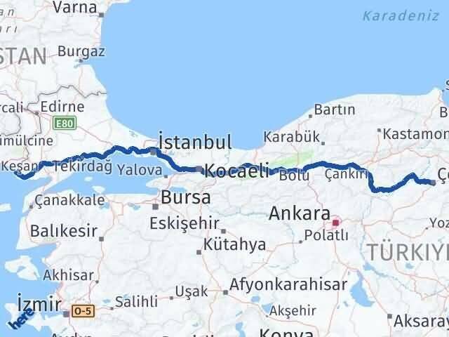Çorum Enez Edirne Arası Kaç Km - Yol Haritası