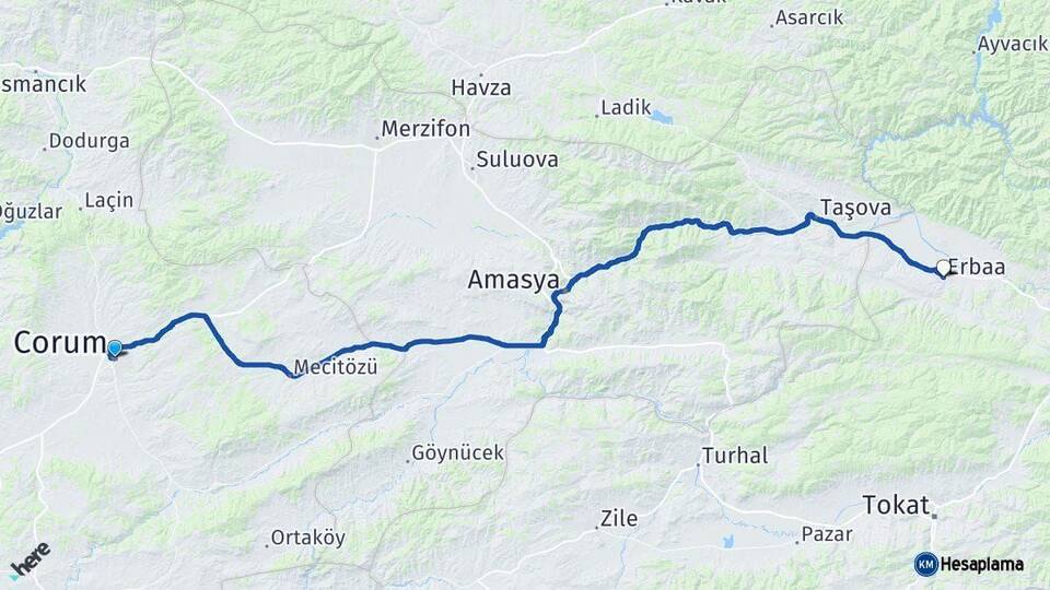Çorum Erbaa Tokat Arası Kaç Km - Yol Haritası