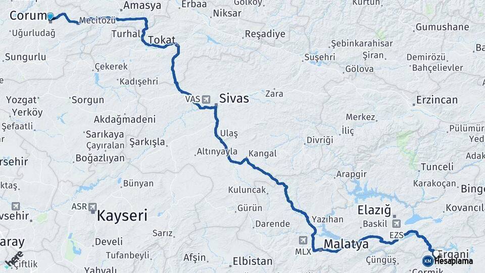 Çorum Ergani Diyarbakır Arası Kaç Km - Yol Haritası