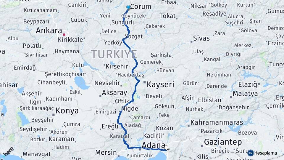 Çorum Erzin Hatay Arası Kaç Km - Yol Haritası