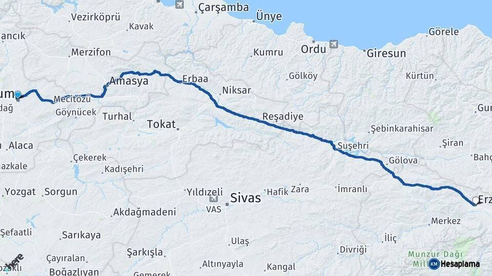 Çorum Erzincan Arası Kaç Km - Yol Haritası