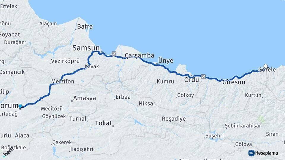Çorum Eynesil Arası Kaç Km - Yol Tarifi