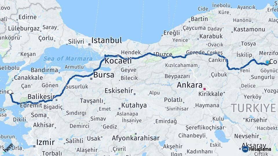 Çorum Ezine Çanakkale Arası Kaç Km - Yol Haritası
