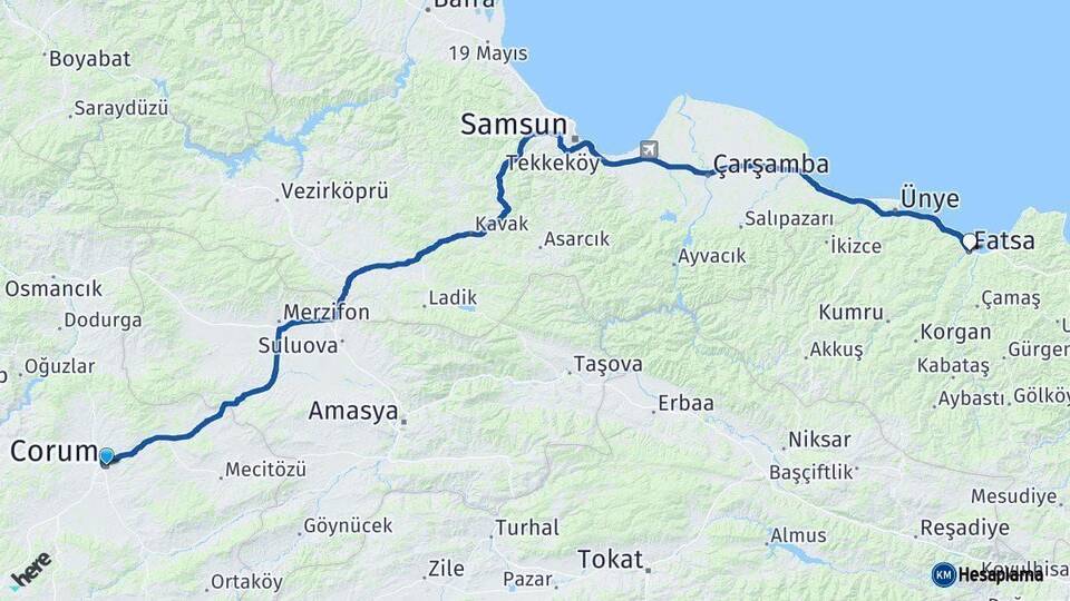 Çorum Fatsa Ordu Arası Kaç Km - Yol Haritası