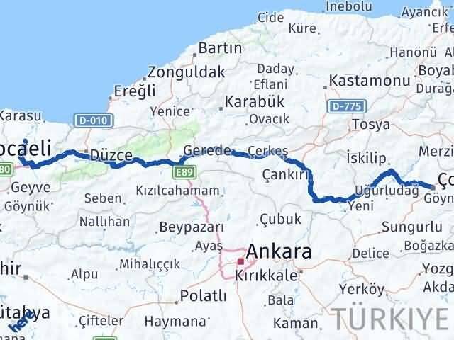 Çorum Ferizli Sakarya Arası Kaç Km - Yol Haritası