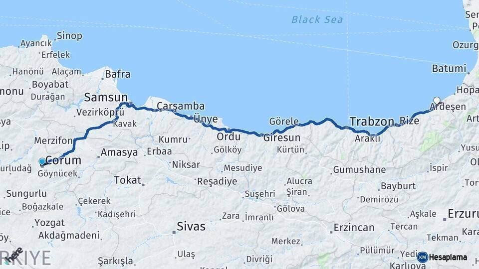 Çorum Fındıklı Rize Arası Kaç Km - Yol Haritası