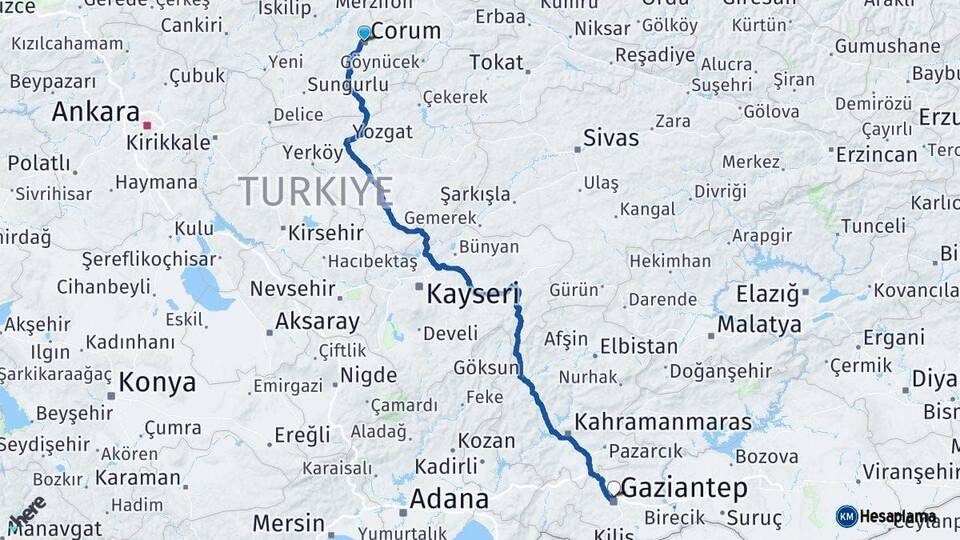 Çorum Gaziantep Arası Kaç Km - Yol Haritası