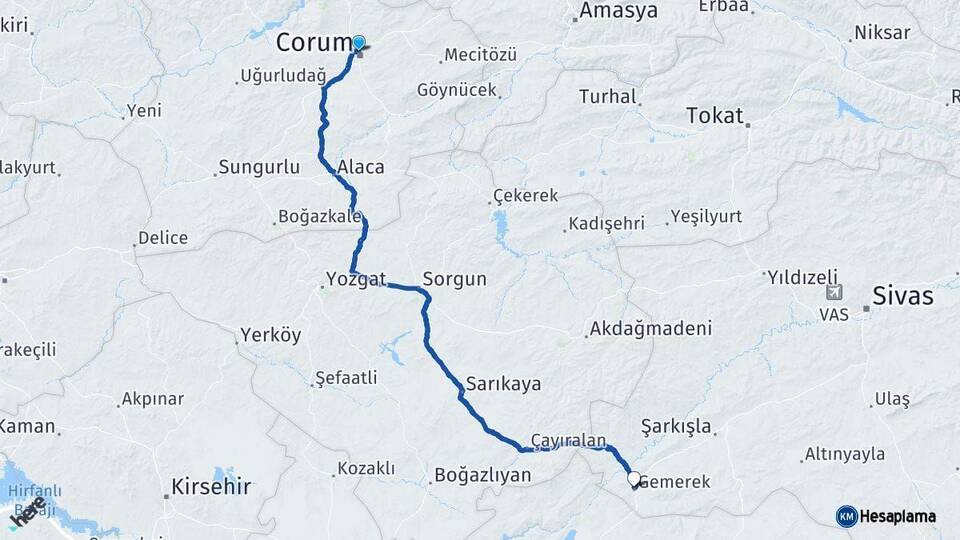 Çorum Gemerek Sivas Arası Kaç Km - Yol Haritası