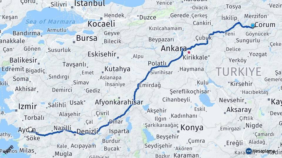 Çorum Germencik Aydın Arası Kaç Km - Yol Haritası