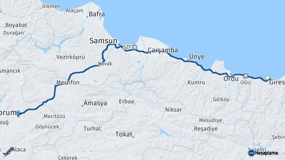 Çorum Giresun Arası Kaç Km - Yol Haritası