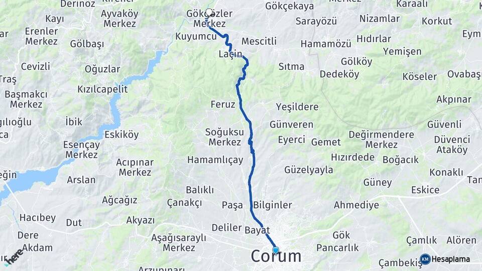 Çorum Gökgözler Laçin Arası Kaç Km - Yol Haritası