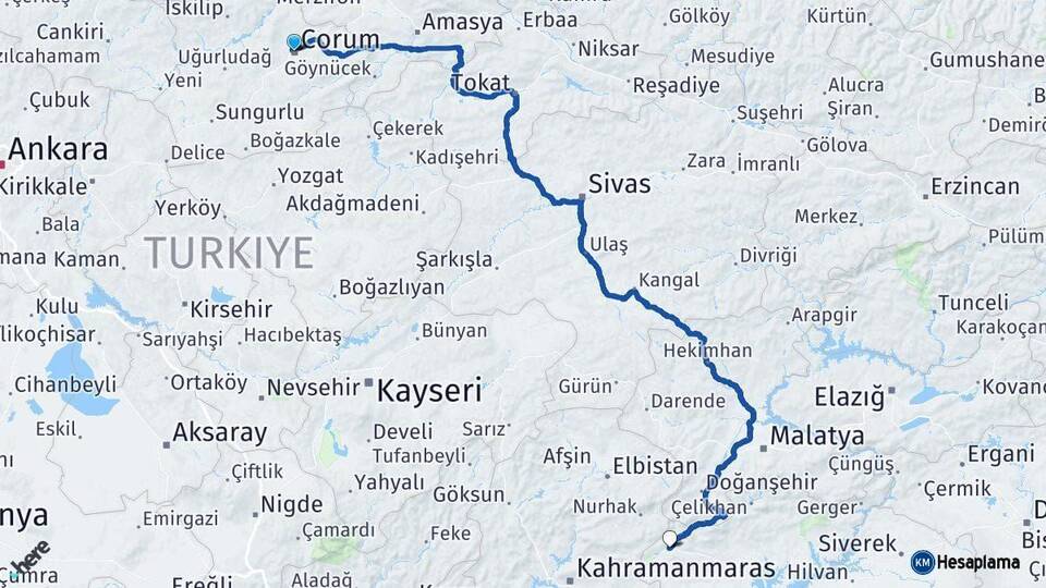 Çorum Gölbaşı Adıyaman Arası Kaç Km - Yol Haritası