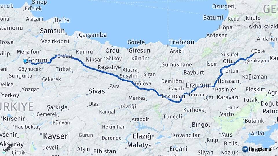 Çorum Göle Ardahan Arası Kaç Km - Yol Haritası
