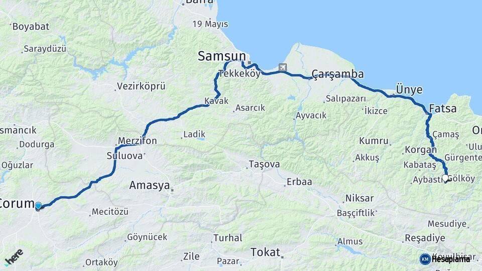 Çorum Gölköy Ordu Arası Kaç Km - Yol Haritası