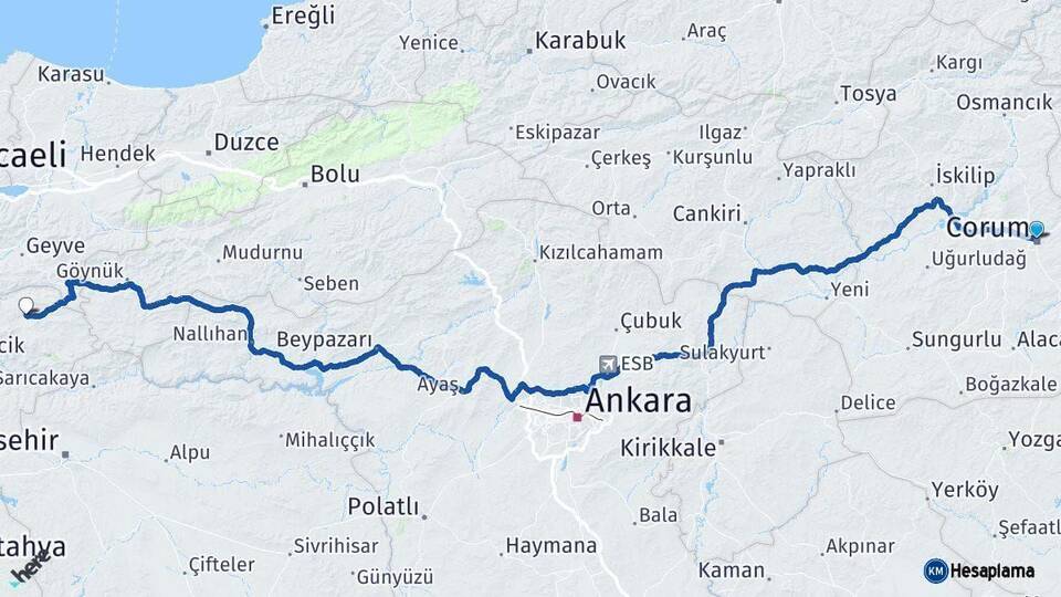 Çorum Gölpazarı Bilecik Arası Kaç Km - Yol Haritası