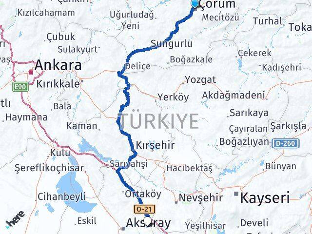 Çorum Gülağaç Aksaray Arası Kaç Km - Yol Haritası
