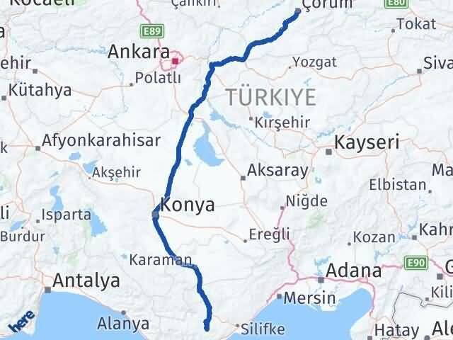 Çorum Gülnar Mersin Arası Kaç Km - Yol Haritası