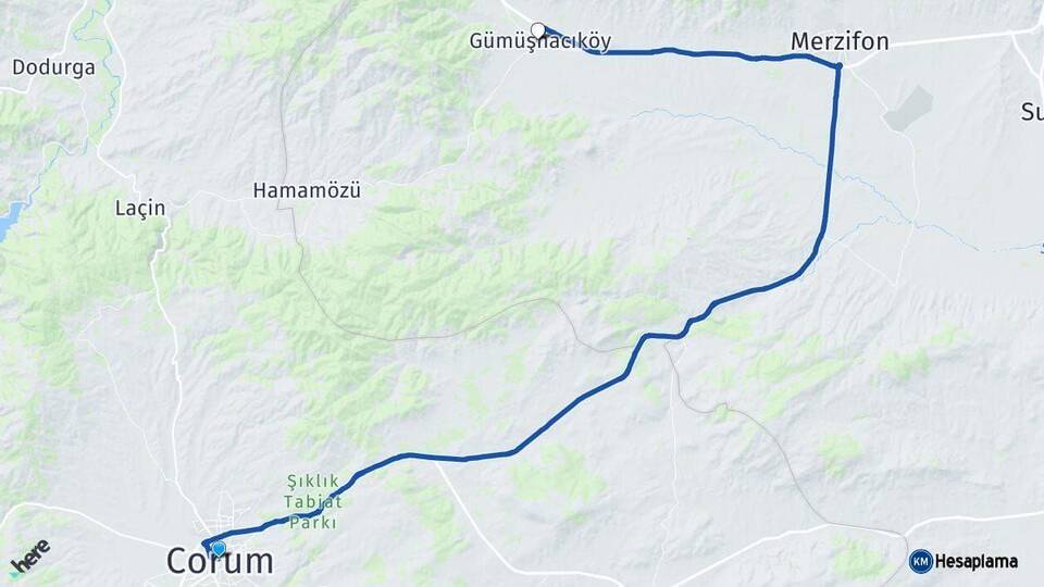 Çorum Gümüşhacıköy Amasya Arası Kaç Km - Yol Haritası
