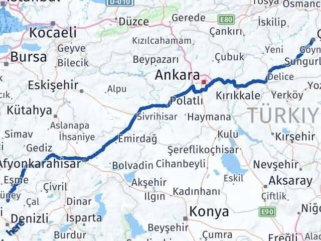 Çorum Güney Denizli Arası Kaç Km - Yol Haritası