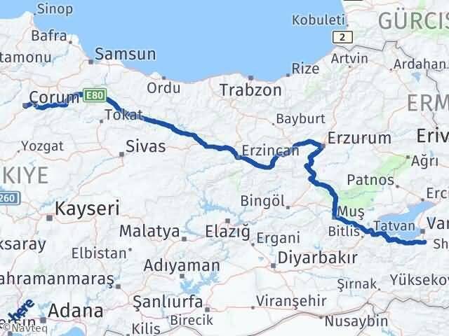 Çorum Gürpınar Van Arası Kaç Km - Yol Haritası